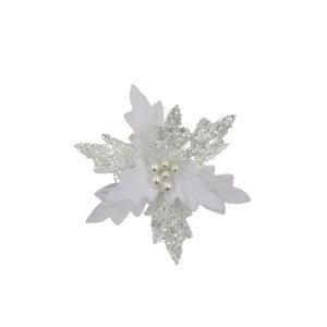 Clip on Poinsettia Decoration with Ice Petals White