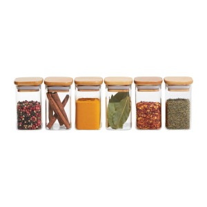 Kitchen Pro Eco Square Glass Spice Canister with Bamboo Lid 140ml Set of 6
